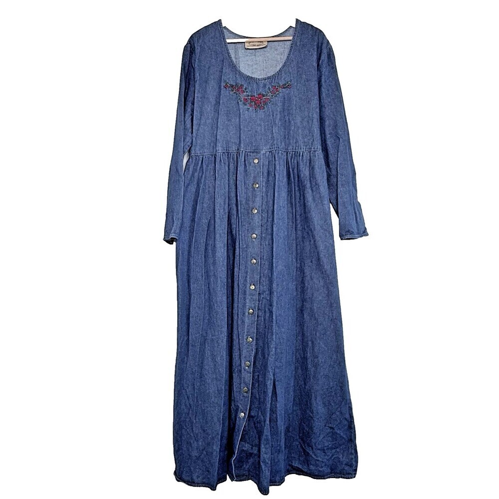Studio West Denim Dress Embroidered Floral Cottagecore Maxi long sleeve one size